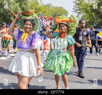 BROOKLYN, N.Y. – September 5, 2022: Revelers march in New York City’s West Indian Day Parade. Stock Photo