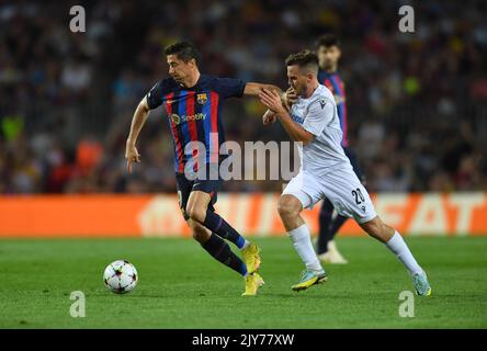 Barcelona, Spain. 07th Sep, 2022. Robert Lewandowski (9) of FC Barcelona dribbles Pavel Bucha (3) of Viktoria Plzen during the match between FC Barcelona and FC Viktoria Plzen corresponding to the first day of the group stage of the UEFA Champions League at Spotify Camp Nou Stadium in Barcelona, Spain. September 7, 2022. Credit: rosdemora/Alamy Live News Stock Photo