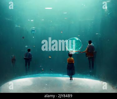 A dream-like illustration of people underwater walking into the abyss. Stock Photo