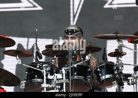 Rio de Janeiro, Brazil,September 2, 2022. Drummer Mike Portnoy during a concert by the American heavy metal band Metal Allegiance at Rock in Rio 2022 Stock Photo