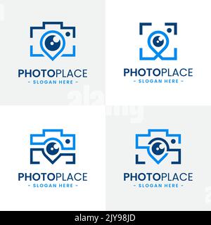 Set of photo point logo design template. Abstract combination of camera with navigation pin icon vector. Concept of place for photography. Stock Vector