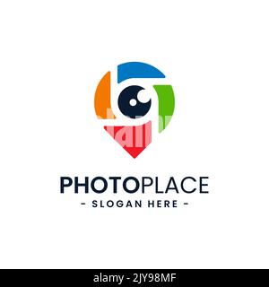 Colorful photo point logo design template. Abstract combination of camera with navigation pin icon vector. Concept of place for photography. Stock Vector