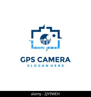 Gps camera logo design template. Abstract combination of camera with navigation pin icon vector. Concept of place for photography. Stock Vector