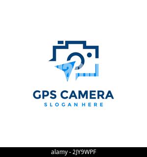 Gps camera logo design template. Abstract combination of camera with navigation pin icon vector. Concept of place for photography. Stock Vector
