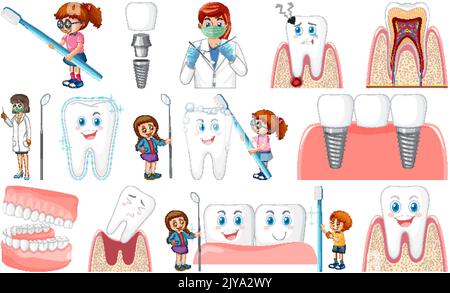 Set of dental equipments and cartoon characters illustration Stock ...