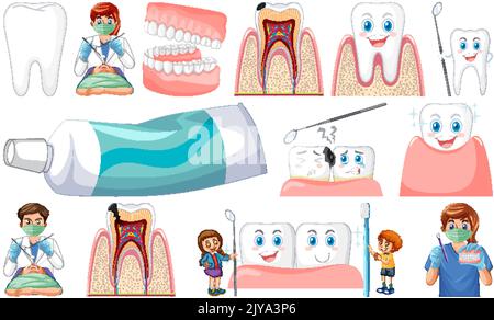Set of dental equipments and cartoon characters illustration Stock ...