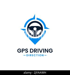 Drive point logo design template. Map pointer. Steering wheel and gps map location icon vector combination. Creative steer spot symbol concept. Stock Vector