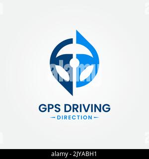 Drive point logo design template. Map pointer. Steering wheel and gps map location icon vector combination. Creative steer spot symbol concept. Stock Vector