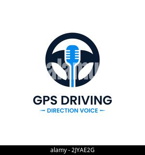 Voice gps drive point logo design template. Map pointer. Steering wheel, gps map location and voice icon vector combination. Creative driving training Stock Vector