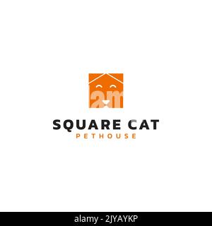 Simple logo design box shape, abstract house and a cat. Pet house logo. Vector format. Stock Vector