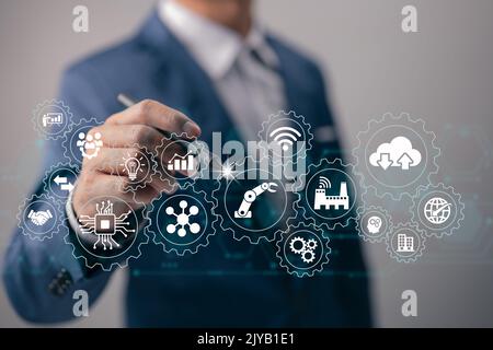 RPA is a robot process automation system that has artificial intelligence. Stock Photo