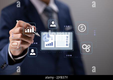 Management of Relationships with Customers. The customer relationship management (CRM) idea, accounting system, clients, and support deals. Stock Photo