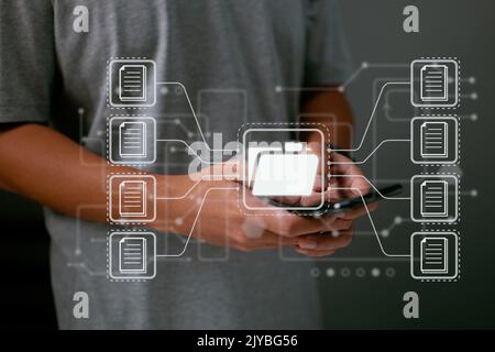 Online documentation database and process automation to handle files, knowledge, and documentation in an ERP environment. Corporate technology. Stock Photo