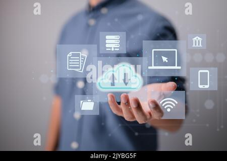Cloud technology for database data. Background of an integrated digital web concept. Stock Photo