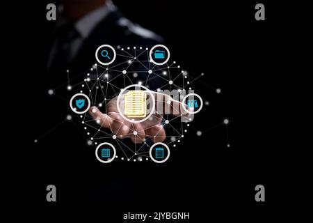 DMS, or Document Management Data System, holding a document icon. corporate data management system. Privacy and data protection Concept of Business In Stock Photo
