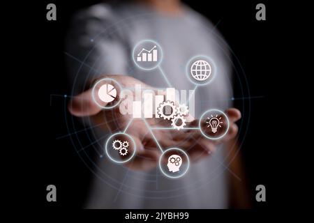 On a virtual reality screen, a business analytics and big data analysis technology idea. Stock Photo