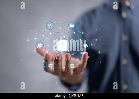 Internet business technology concept for privacy and data protection. Document icon is DMS, or Document Management Data System. data management system Stock Photo