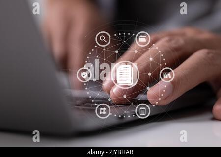 DMS with document icon. Data management system. Business Internet Technology and Privacy. Stock Photo