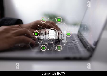 Data management system. DMS with document icon. Business Internet Technology and Privacy. Stock Photo