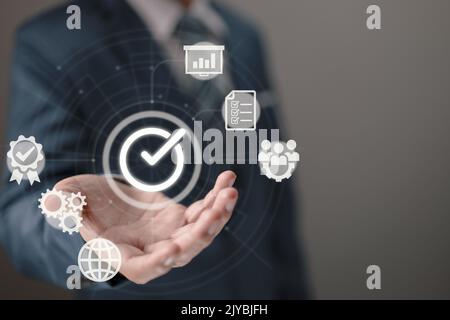 Quality assurance, QA, and quality control, QC, and improvement are all part of quality management. Concepts of standardization and certification. Wit Stock Photo