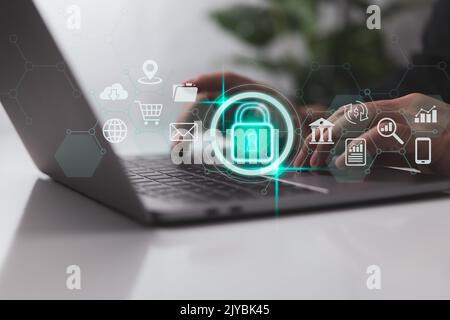 Security and privacy concepts for data. The lock symbol and internet network security. In this video, a businessman protects personal data using virtu Stock Photo