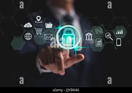 Protecting data with cybersecurity and privacy ideas. Internet network security technologies and the lock symbol. Using virtual screen interfaces, a b Stock Photo