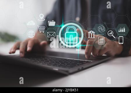 Security and privacy concepts for data. The lock symbol and internet network security. Protection of personal data on virtual screens. Stock Photo