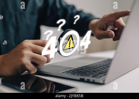 A man examines a website message with a magnifying glass and question marks. of error 404, page not found, online service notification. Stock Photo