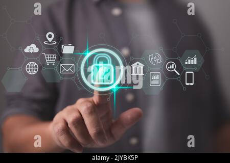 Data protection through cybersecurity and privacy ideas. Internet network security technologies and the lock symbol. Protection of personal data on vi Stock Photo