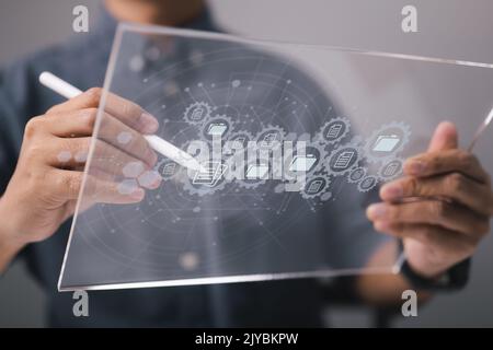 Document Management System, or DMS, is a system for searching and managing information and business files. Concept of business processing and software Stock Photo