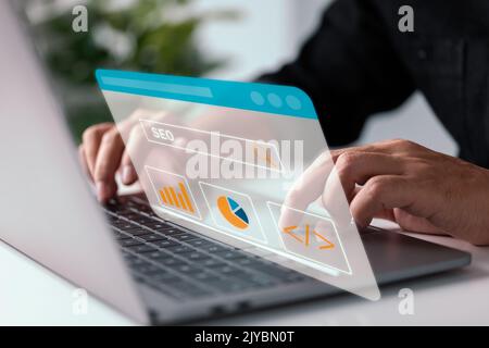 Search engine optimization (SEO) report, digital marketing audit, on-page optimization, and search ranking development monitoring concept. Stock Photo