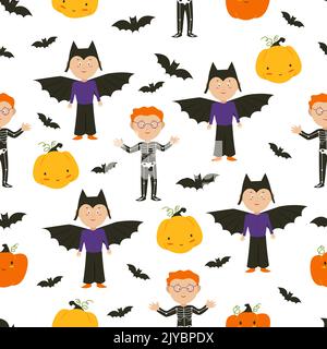 Halloween ghosts. Children in Halloween costumes, pumpkins and bats. Flat illustration. Vector seamless pattern Stock Vector