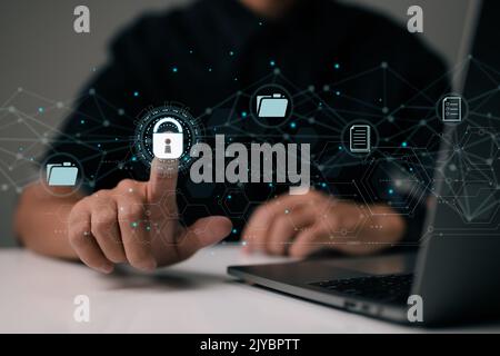 Document security concept. Document management system (DMS). Online documentation database and digital file storage. Log in to the cloud computing sys Stock Photo