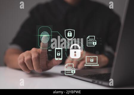 Fingerprint scanning and biometric authentication, cybersecurity and a fingerprint password, the future of technology and cybernetics, and more. Cyber Stock Photo