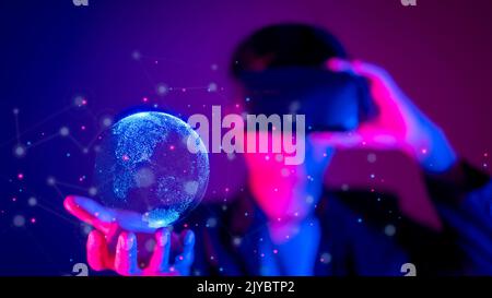 Metaverse digital data of future and technology, the Internet and big-data connection data analysis backbround concept. Stock Photo