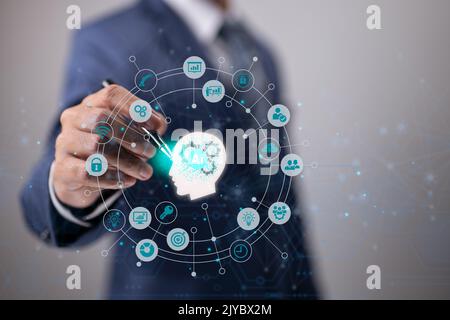 Businessman touch on AI icon. Machine learning AI Artificial intelligence neural network technology concept. Stock Photo