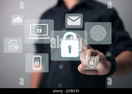 Businessman touch a padlock. Concept of internet network security Stock Photo