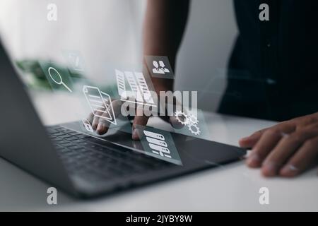 ERP is a concept for document management that has icons on a virtual screen. Stock Photo