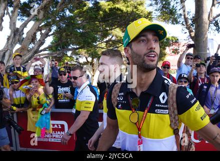 Daniel Ricciardo of Australia and Renault Sport F1 arrives at the circuit ahead of the Formula 1 Australian Grand Prix 2020 at the the Albert Park Circuit in Melbourne, Thursday, March 12, 2020. (AAP Image/Scott Barbour) NO ARCHIVING, EDITORIAL USE ONLY ** STRICTLY EDITORIAL USE ONLY, NO COMMERCIAL USE, NO BOOKS ** Stock Photo
