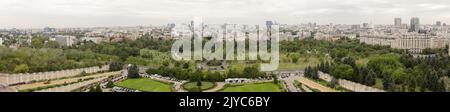 Bucharest, Romania - September 6, 2022: Panorama made from multiple images with Bucharest as seen from the Palace of Parliament, the Izvor Park side. Stock Photo