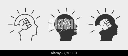 Fist icon inside head. Black illustration isolated on white background for graphic and web design. Stock Vector