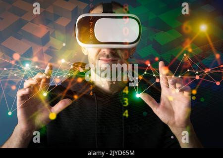 VR technology digital background. Man uses virtual reality glasses and interacts with 3D neon holographic data. Metaverse, futuristic, cyber game concept. High quality photo Stock Photo