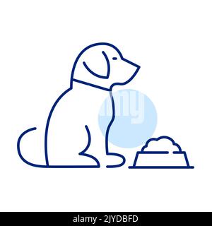 Dog sitting in front of a bowl full of food. Pet supplies icon. Pixel perfect, editable stroke line art Stock Vector