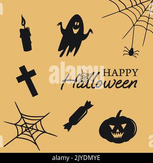 inscription happy halloween pumpkin cross candy cobweb candle and ghost Stock Vector