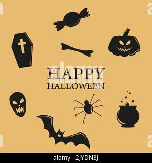 lettering happy halloween pumpkin scary face spider candy bat bone coffin and witchs cauldron Stock Vector