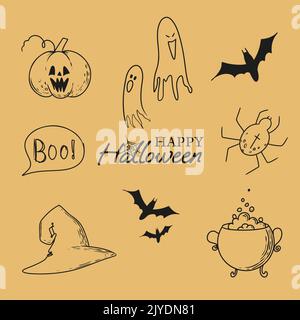 text happy halloween witch cauldron and hat ghost bats poisonous spider the word Boo and scary pumpkin Stock Vector