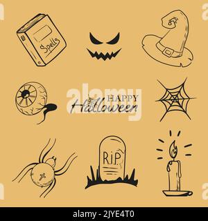 happy halloween lettering scary face cobweb witch hat grave poisonous spider spell book burning candle and gouged out eye. Vector illustration Stock Vector