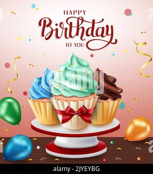 Birthday cupcakes vector design. Happy birthday greeting text with colorful cupcake, balloons and confetti celebration elements for birth day party. Stock Vector