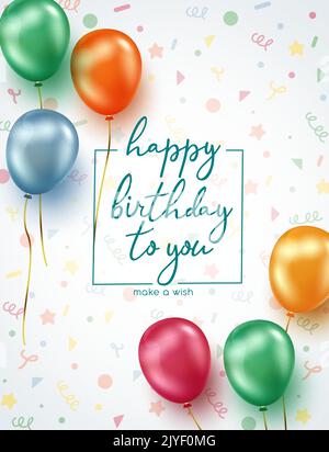 Happy birthday greeting vector poster design. Happy birthday to you text with colorful flying balloons element for birth day card decoration. Stock Vector