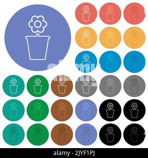 Flowerpot with flower outline multi colored flat icons on round backgrounds. Included white, light and dark icon variations for hover and active statu Stock Vector